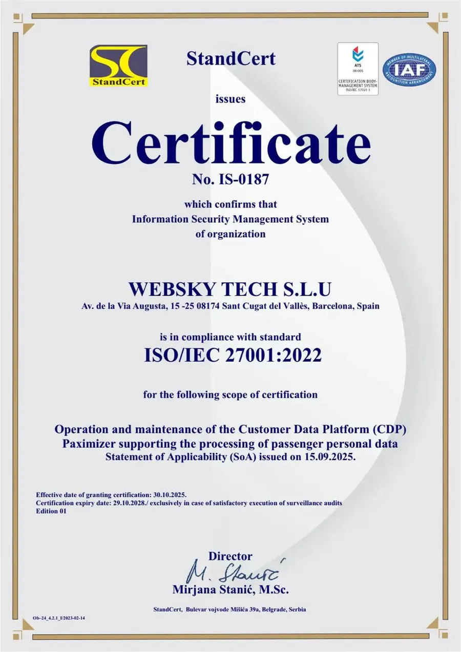 ISO/IEC 27001:2022 certificate No. IS-0187, issued by StandCert for the Paximizer Customer Data Platform